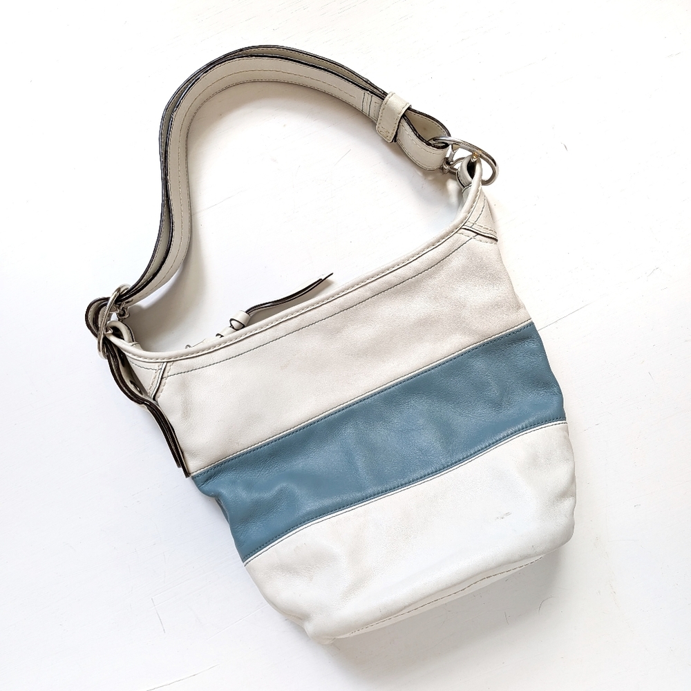Coach Leather Striped Rugby Bucket Convertible Hobo Crossbody Bag White Blue